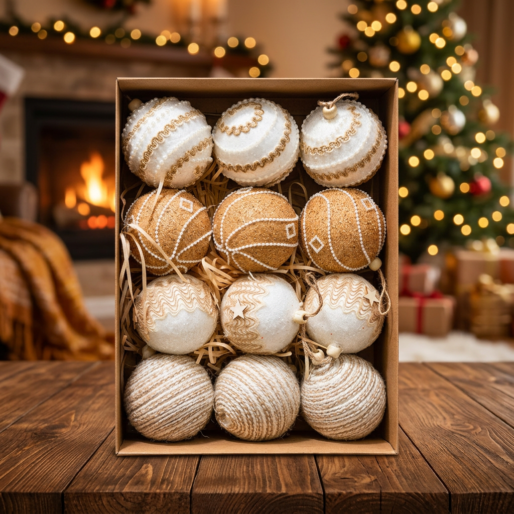 12 Piece Champagne and Ivory Christmas Bauble Set, 8cm, with Pearl Details and Rustic Textures available in Nairobi, Kenya