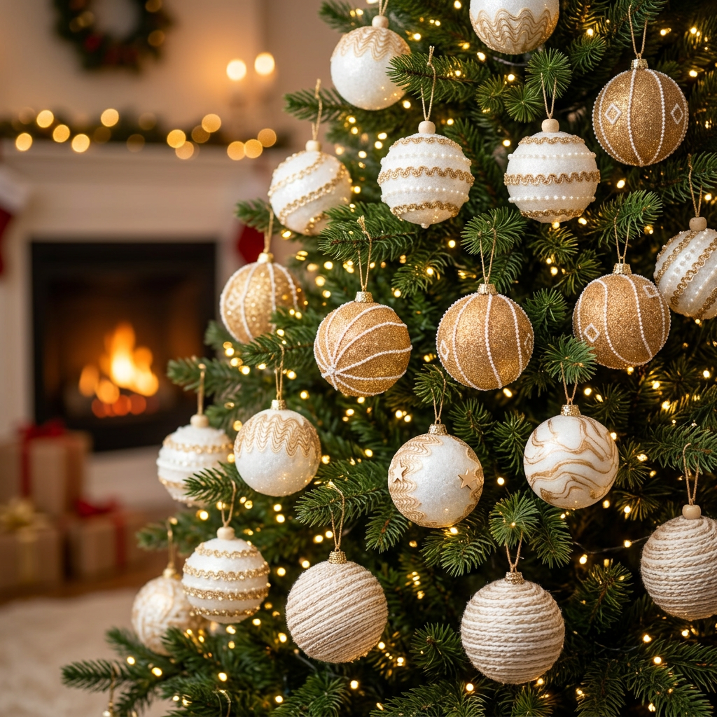 12 Piece Champagne and Ivory Christmas Bauble Set, 8cm