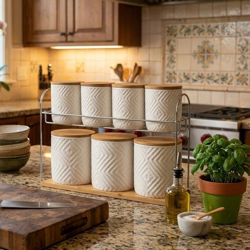 8 Piece Ceramic Canister Set with Bamboo Lids and Tray