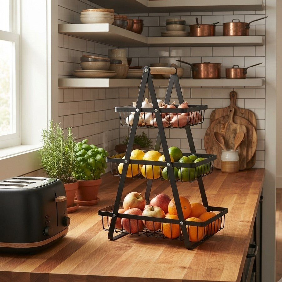 Black triangular 3 tier metal mesh fruit basket for organizing fruits, vegetables, and kitchen essentials.