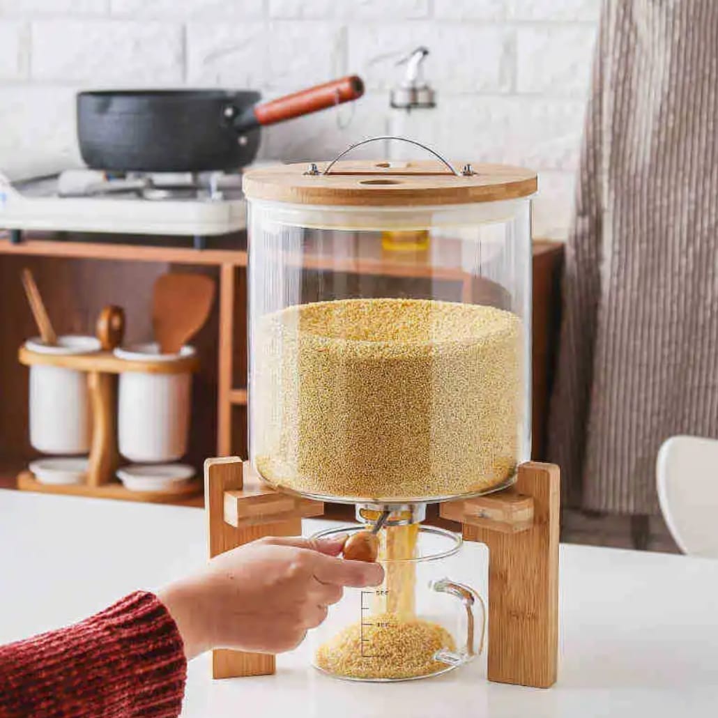 Premium glass cereal dispenser with bamboo stand