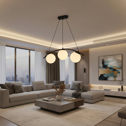 Black and white 3 light pendant lamp with iron and glass design for modern indoor ceiling lighting