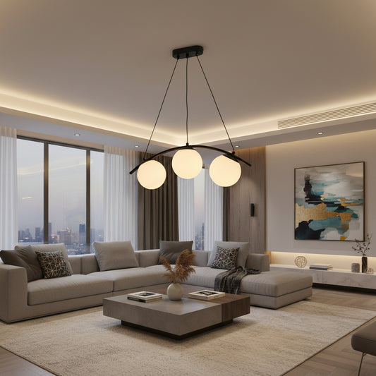 Black and white 3 light pendant lamp with iron and glass design for modern indoor ceiling lighting