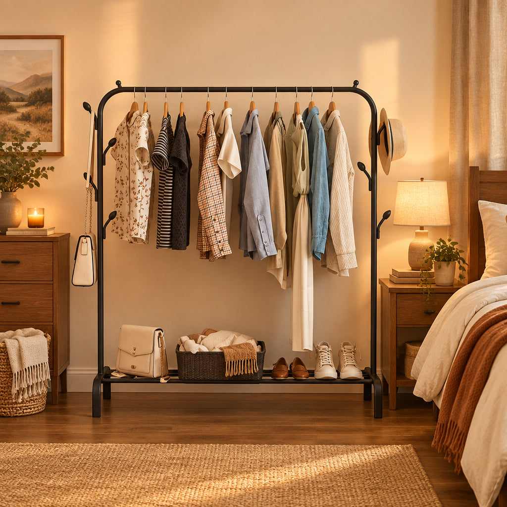 Single pole standing clothes drying rack with shoe shelf, side hooks, and wheels.