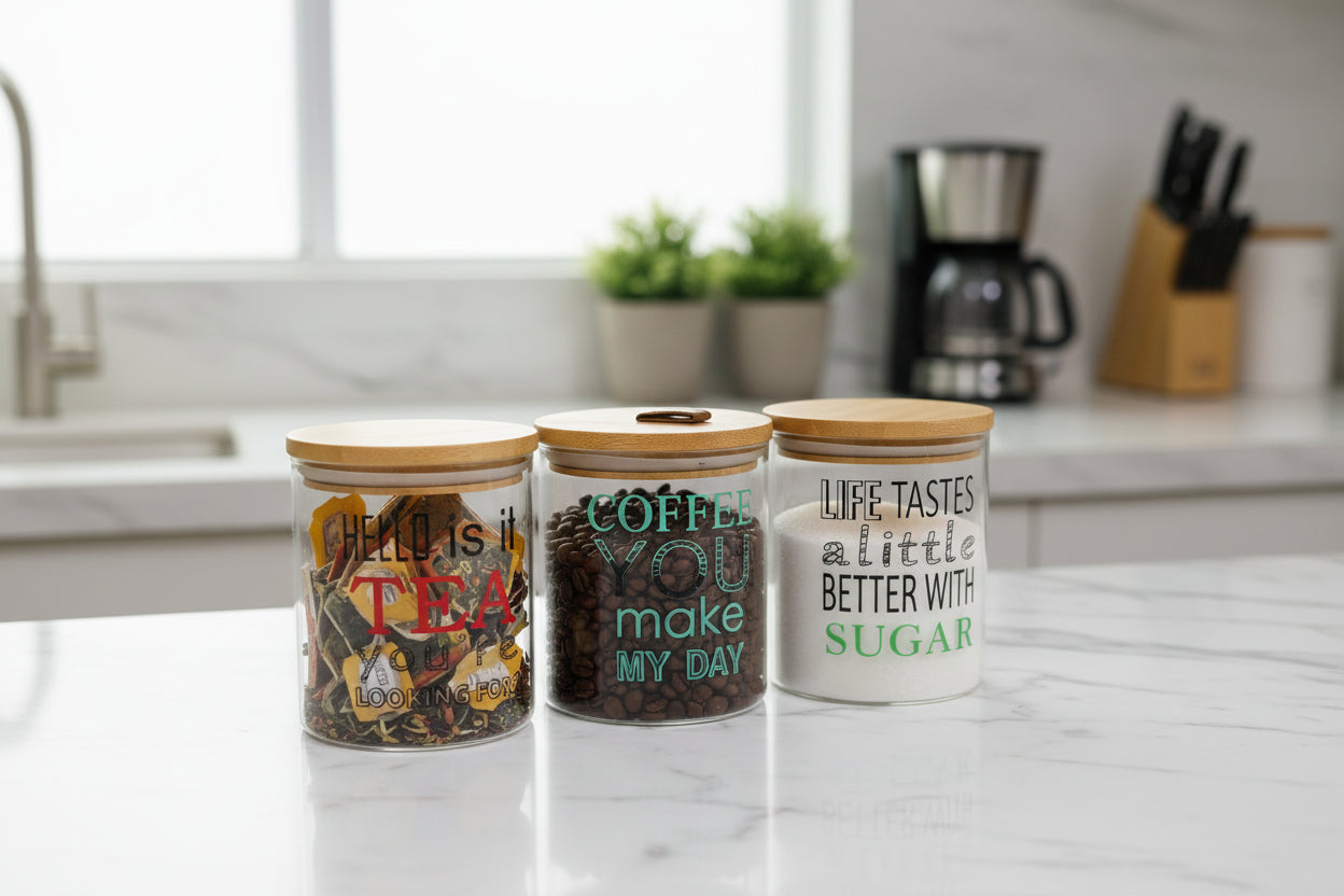 3 Piece kitchen canister set for storage of tea, coffee, and sugar with stylish design
