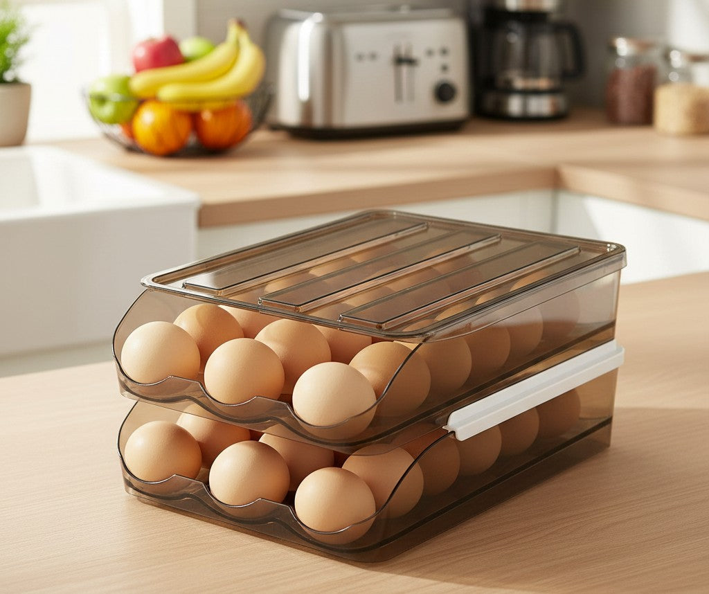 2 Layer Stackable Automatic Rolling Fridge Egg Organizer