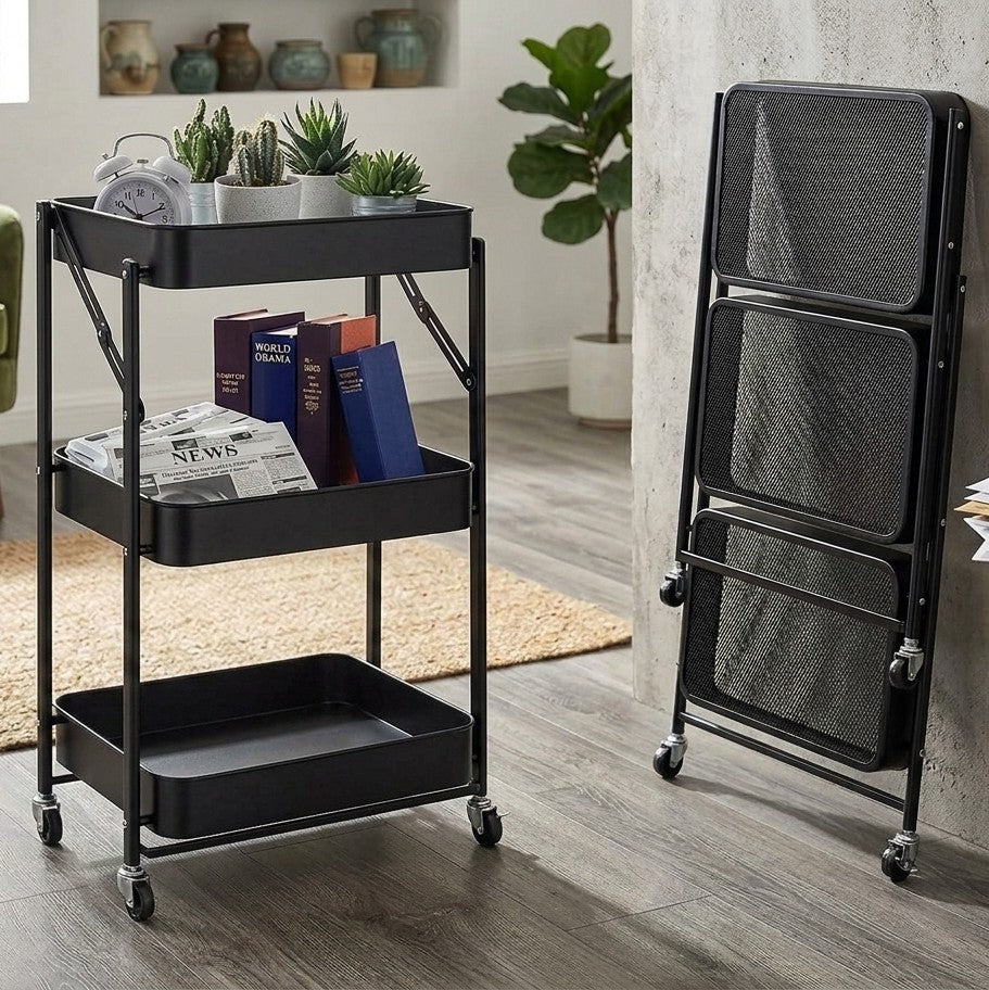 Foldable 3 layer metallic mesh trolley rack in black or white for home and kitchen storage organization