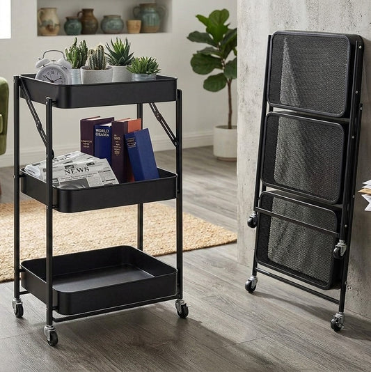 Foldable 3 layer metallic mesh trolley rack in black or white for home and kitchen storage organization