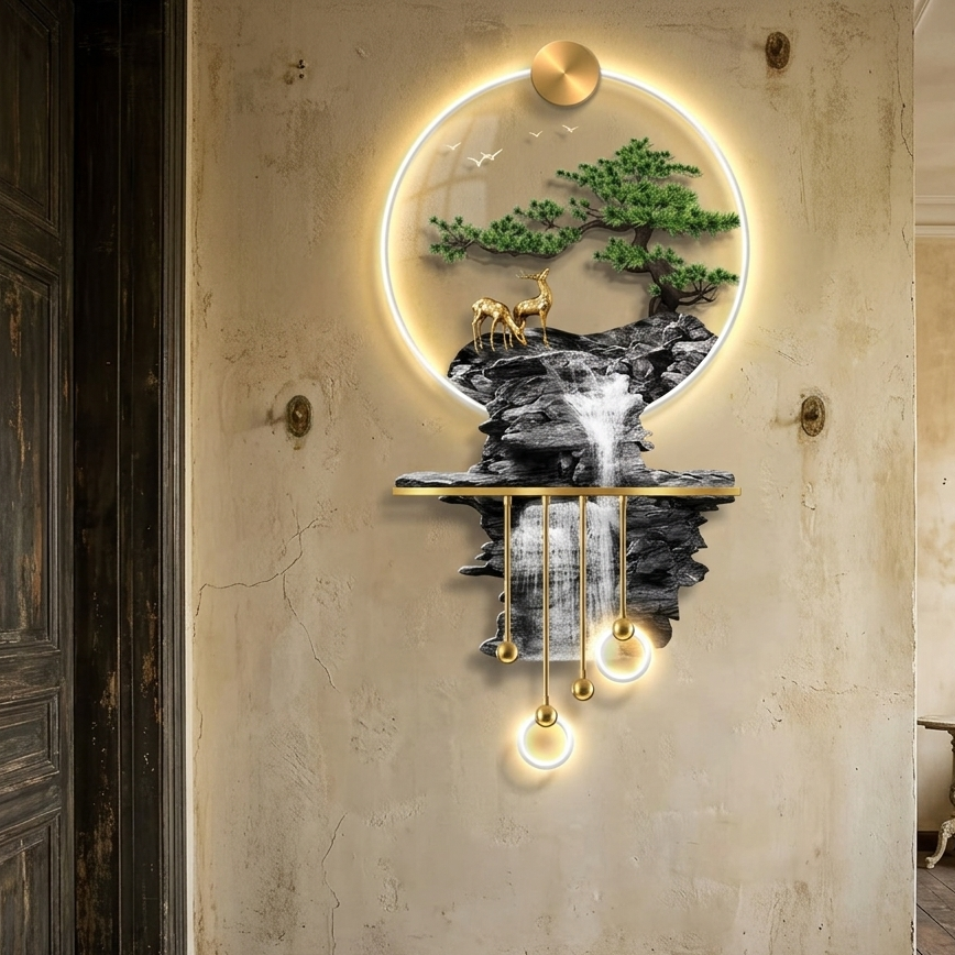 3D waterfall wall art with LED lighting, pine trees, and deer nature design for modern interior décor