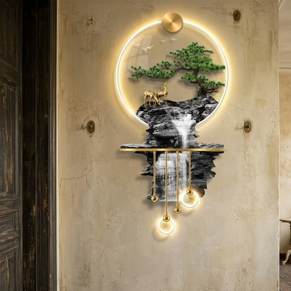 3D waterfall wall art with LED lighting, pine trees, and deer nature design for modern interior décor