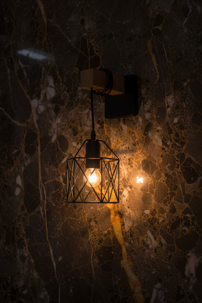 Modern black geometric cage wall light with wooden accent E27 indoor lamp fixture for stylish home lighting