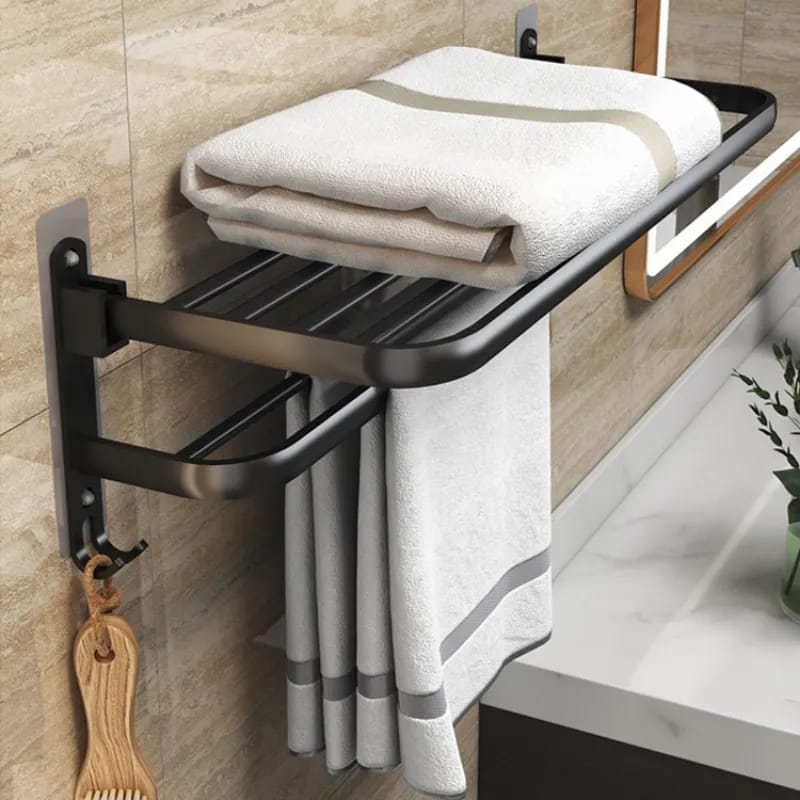 60cm matte black wall mounted bathroom towel rack with hooks and double layer storage. 