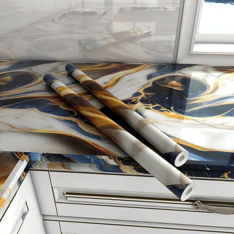 Marble self adhesive vinyl contact paper measuring 45 cm × 5 m for covering countertops, cabinets, shelves, and furniture.