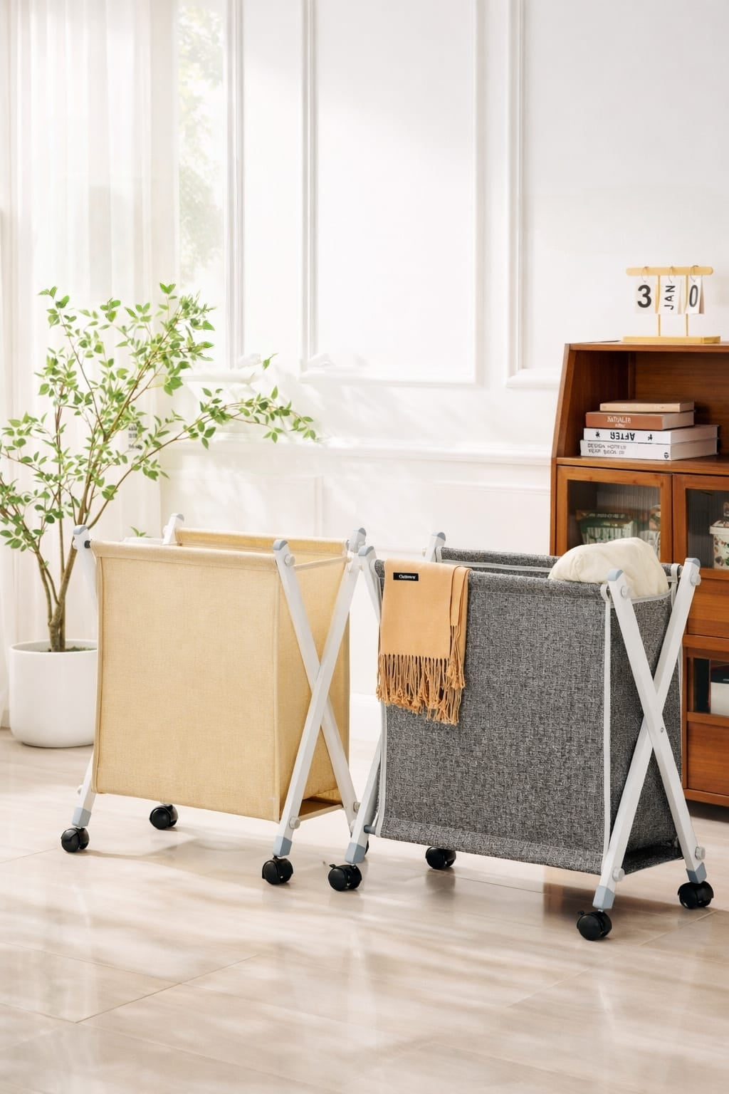 Foldable laundry basket with lid and rope handles made of cotton linen
