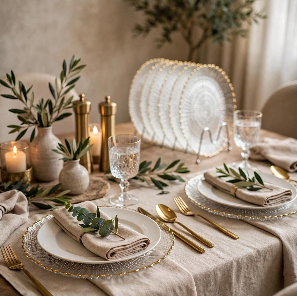 6 piece Sunburst clear textured glass plate set with delicate gold scalloped edges for elegant dining and table décor.