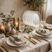 6 piece Sunburst clear textured glass plate set with delicate gold scalloped edges for elegant dining and table décor.