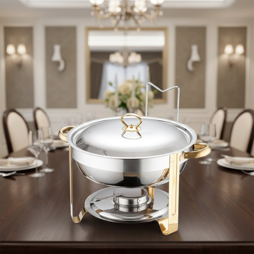 5 litres Stainless steel chafing dish with lid rest, silver finish with gold stands and handles.