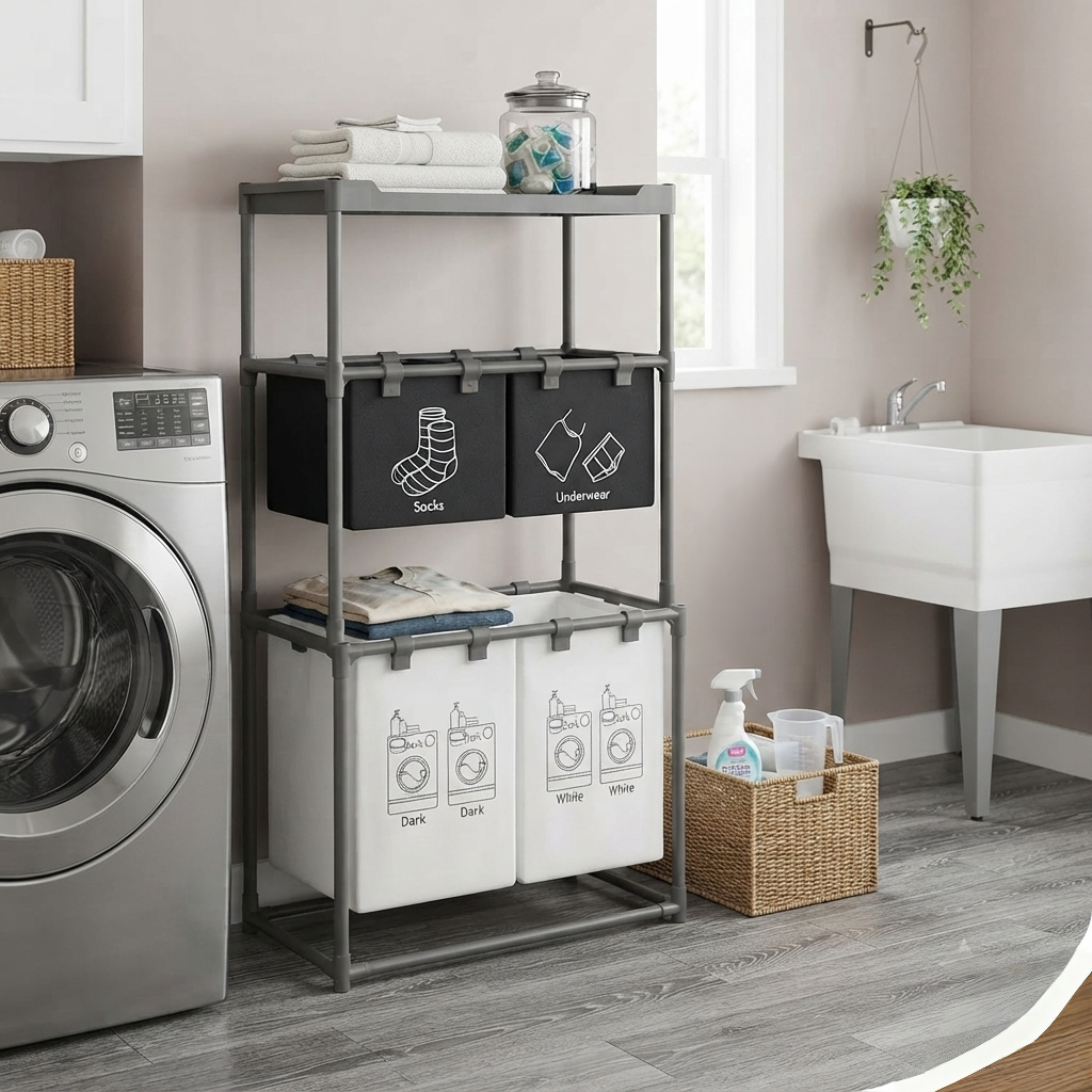 4 Grid Laundry Basket with Storage Rack