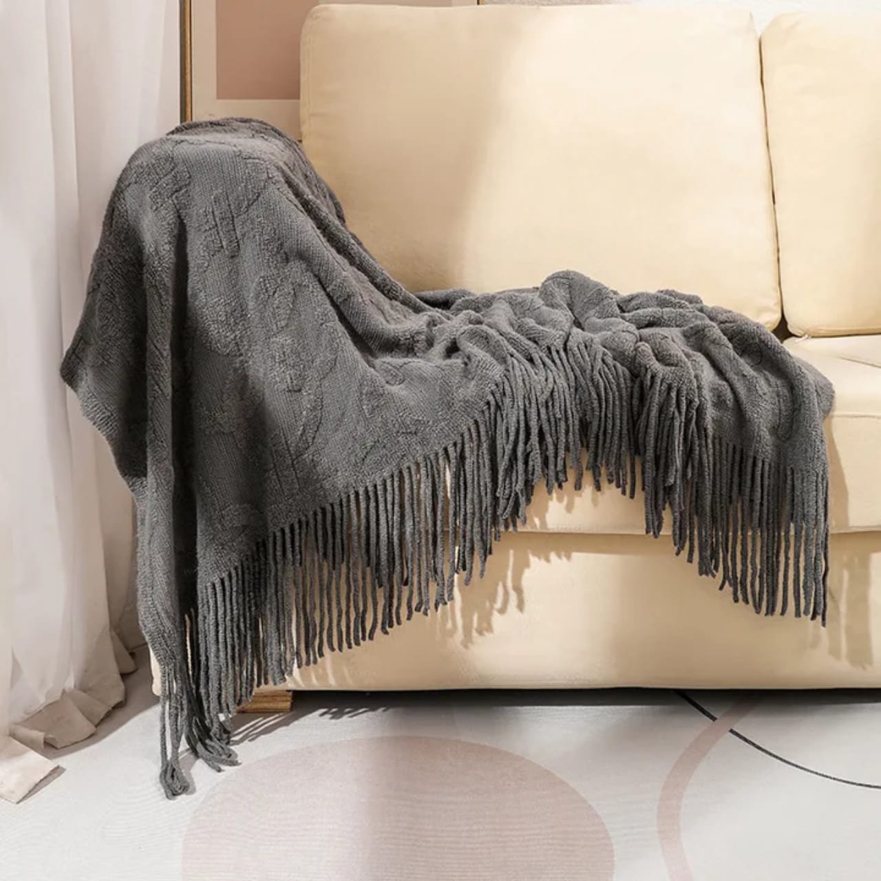 Nordic style sofa throw blanket with tassels, decorative knitted multi-purpose blanket for sofa, bed, and office use