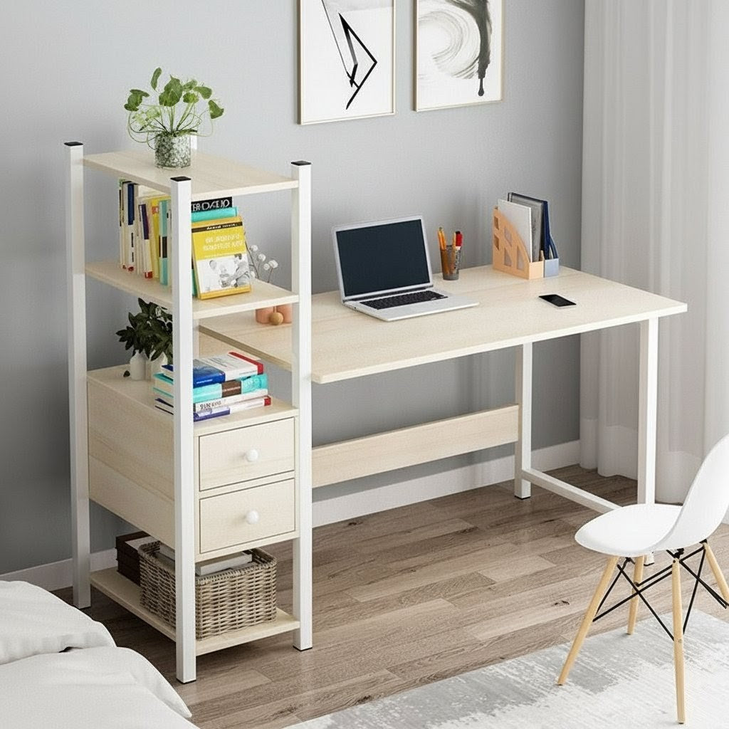 Minimalist work station and study desk with metallic frame and wooden boards, 120x110x40cm