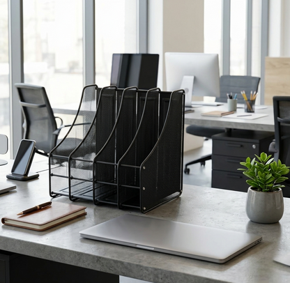 4 Slot vertical metallic mesh desk file organizer for storing documents and office papers neatly