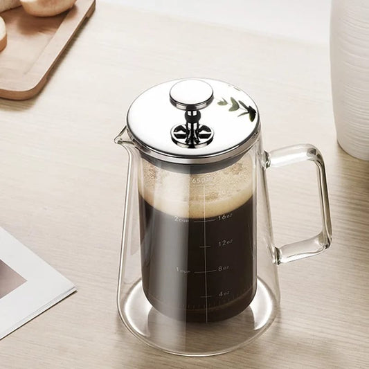 Double walled borosilicate French press coffee maker 650ml, heat resistant glass coffee brewer.