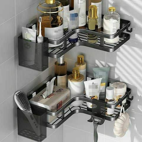 Two piece rust proof bathroom shower caddy set with toothbrush holder and self adhesive installation