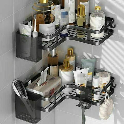 Two piece rust proof bathroom shower caddy set with toothbrush holder and self adhesive installation