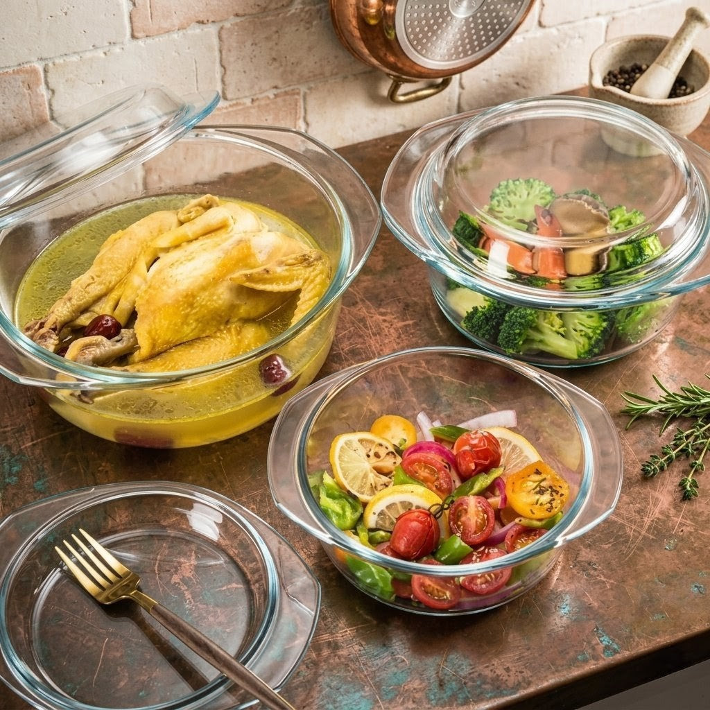 3 in 1 heavy duty glass casserole set with multiple storage sizes for kitchen serving and food storage.