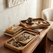 2 piece elegant wood mosaic serving tray set with an acacia wood frame, geometric wood inlay, and smooth resin finish for serving and home décor.
