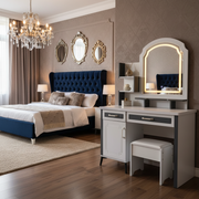 FDT 1509 white and gray LED vanity dressing table with arched illuminated mirror, storage cabinet, drawers, shelves, and matching storage stool.
