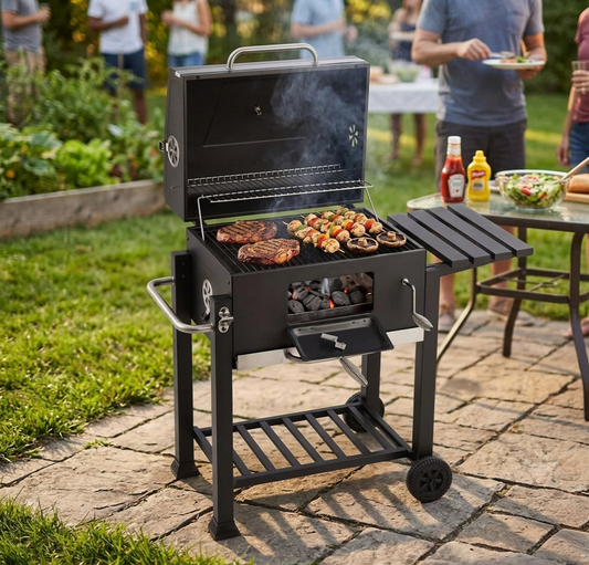 Heavy duty charcoal BBQ grill with side table and wheels for outdoor cooking and grilling