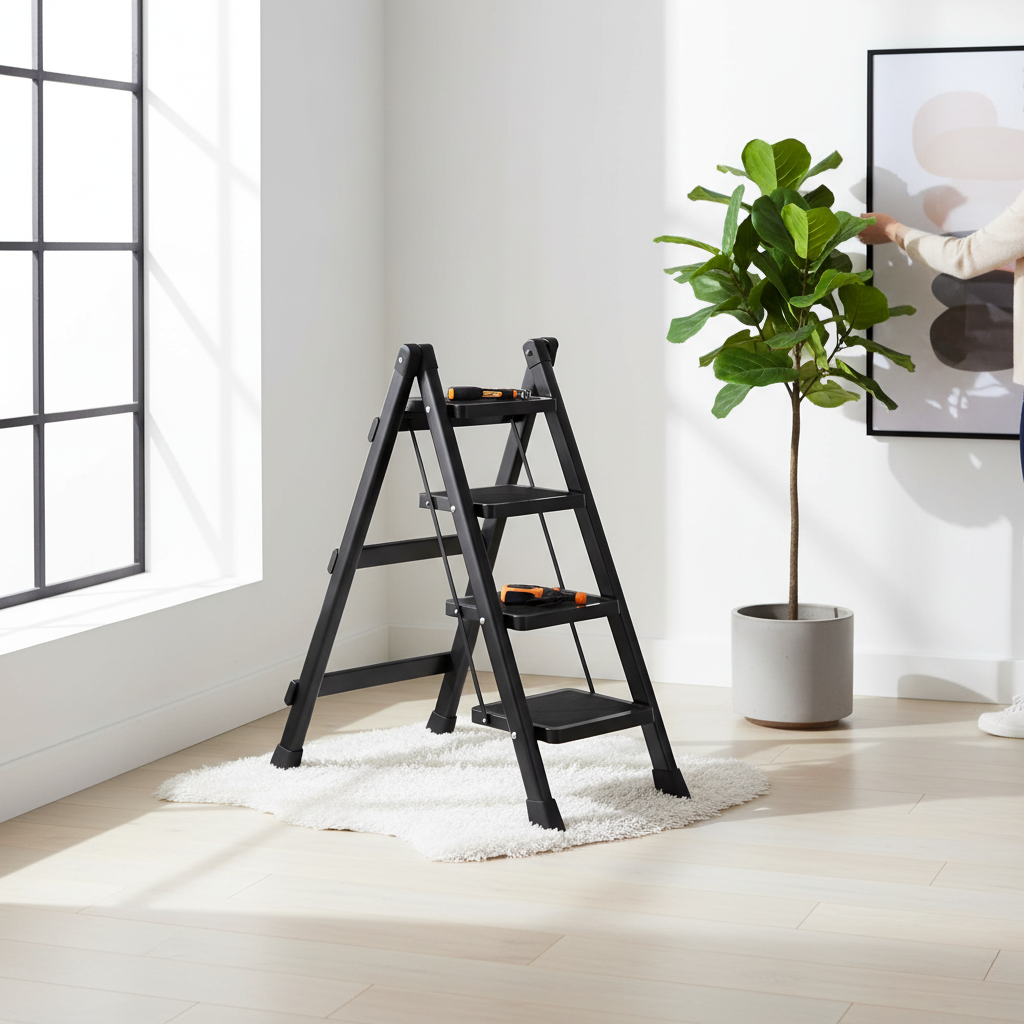 4-Step Black Foldable Ladder – 100cm Height