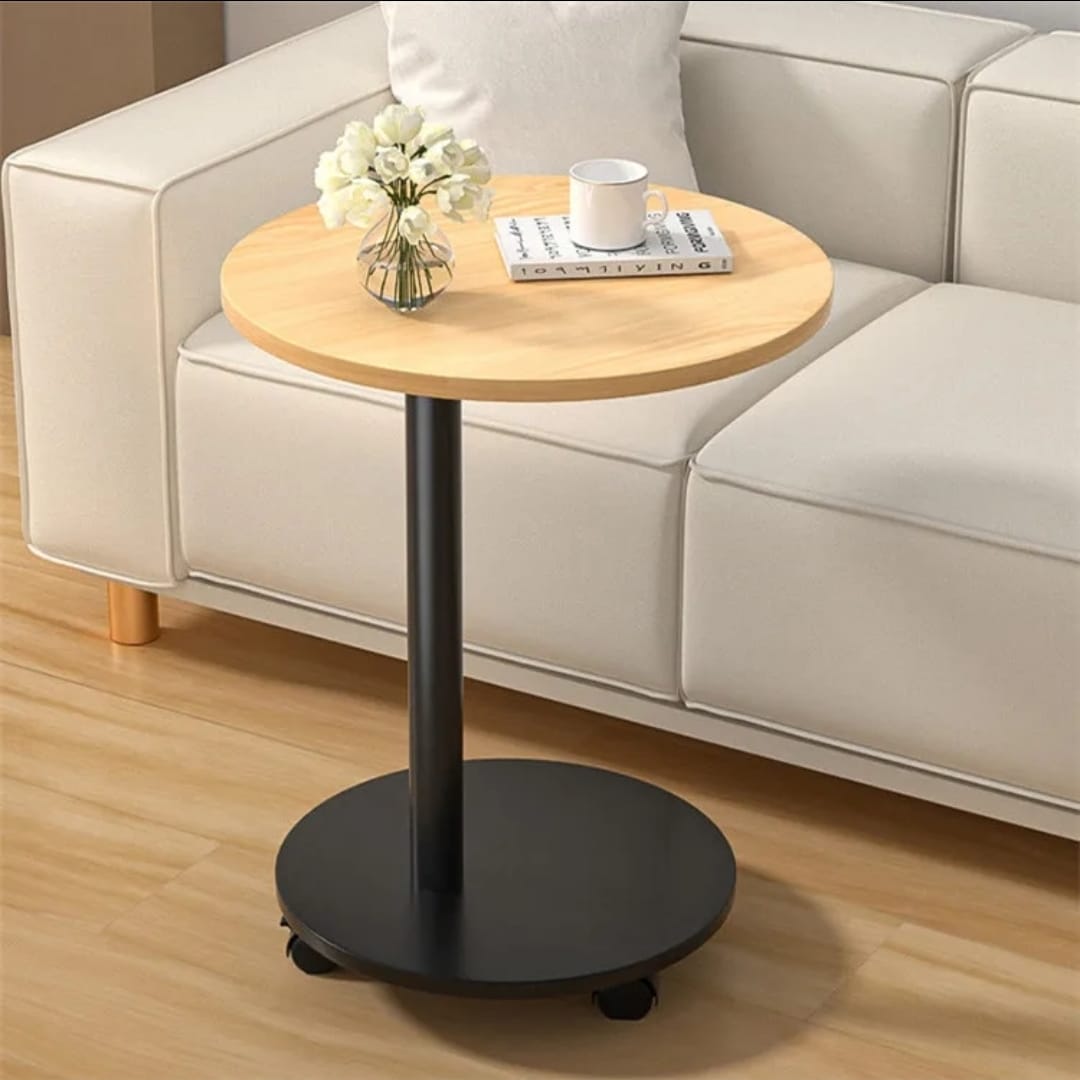 Round Wooden Coffee Side Table with Wheels, 360° Rotating Top, Sofa Side Storage Table for Living Room, Durable Modern Wooden Furniture