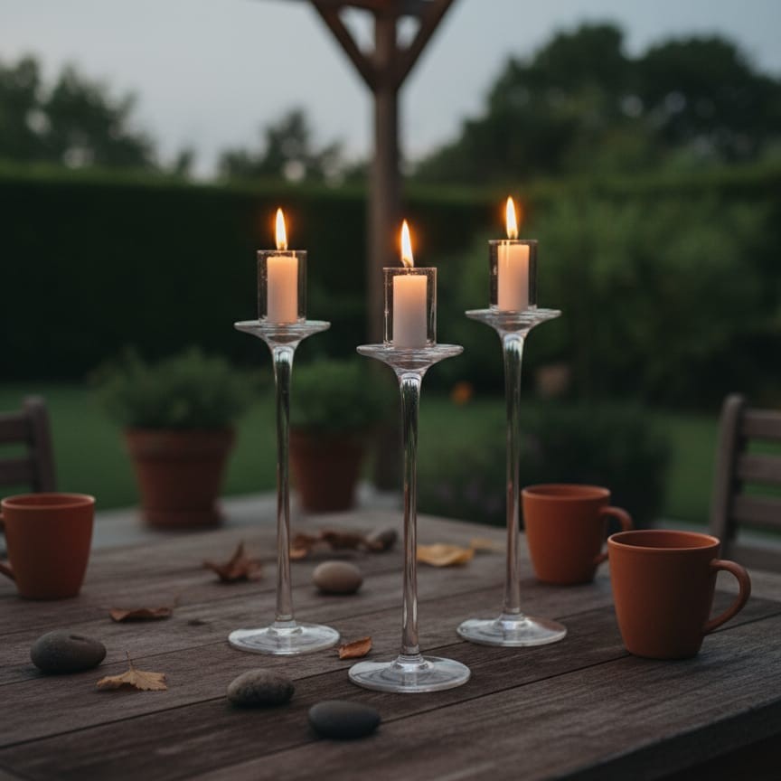 3-piece clear glass candle holders set in 20, 23, and 25 cm sizes