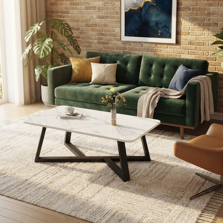 Marble Top Coffee Table with Black Metal Frame