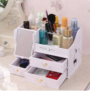 Multi-storey wooden makeup organizer with drawers and mirror – large capacity cosmetic storage

 