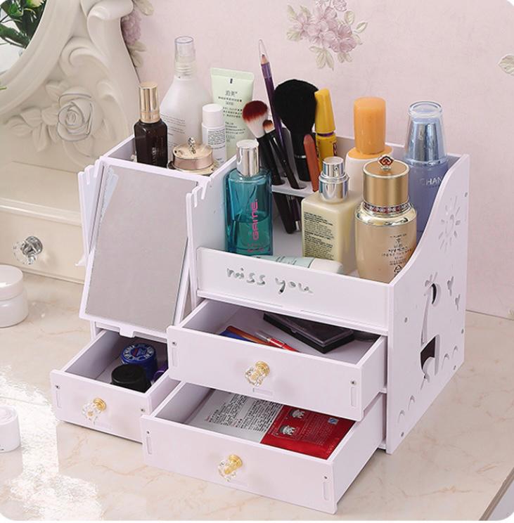 Multi-storey wooden makeup organizer with drawers and mirror – large capacity cosmetic storage

 