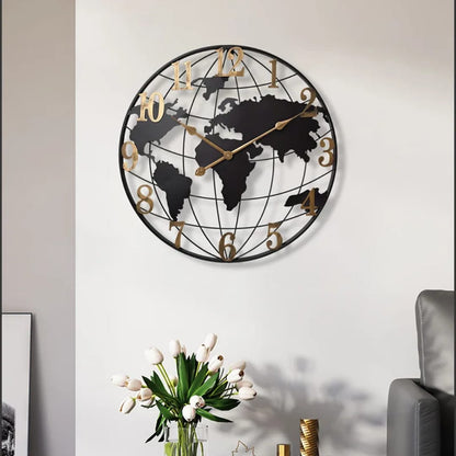 Modern iron art world map quartz wall clock for stylish home and office wall decoration