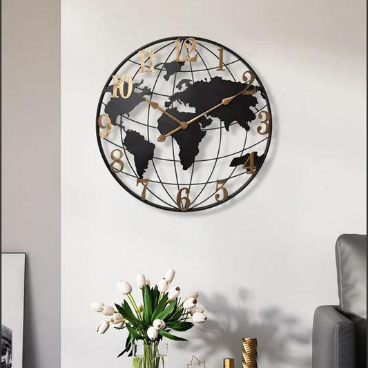 Modern iron art world map quartz wall clock for stylish home and office wall decoration