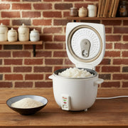 White 1.8-litre electric rice cooker and steamer with tempered glass lid and non-stick removable pan