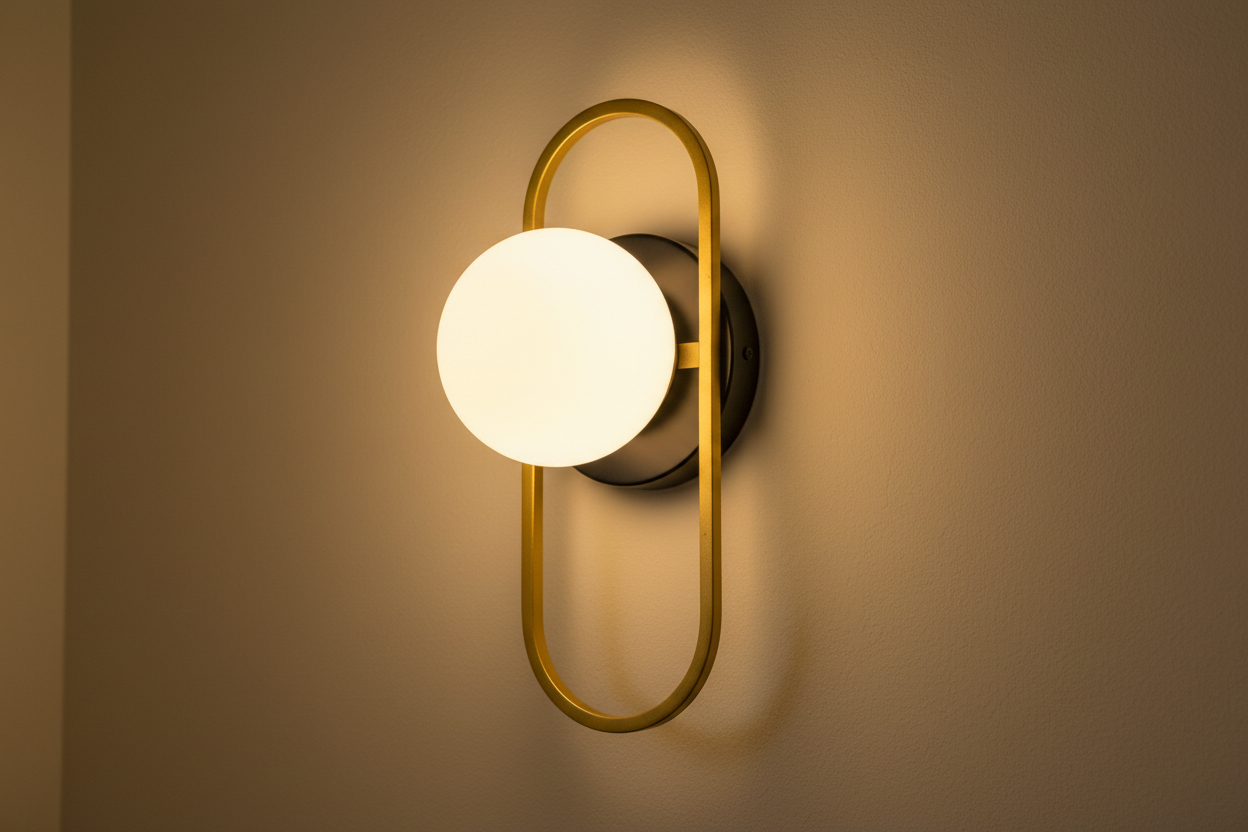 Golden and black wall lamp with white glass shade, modern E27 decorative indoor lighting fixture