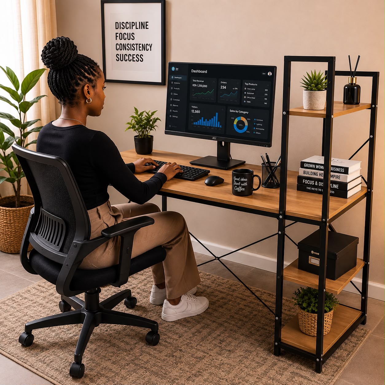 Large Ergonomic Desk with Shelves 60 × 120 × 70 cm