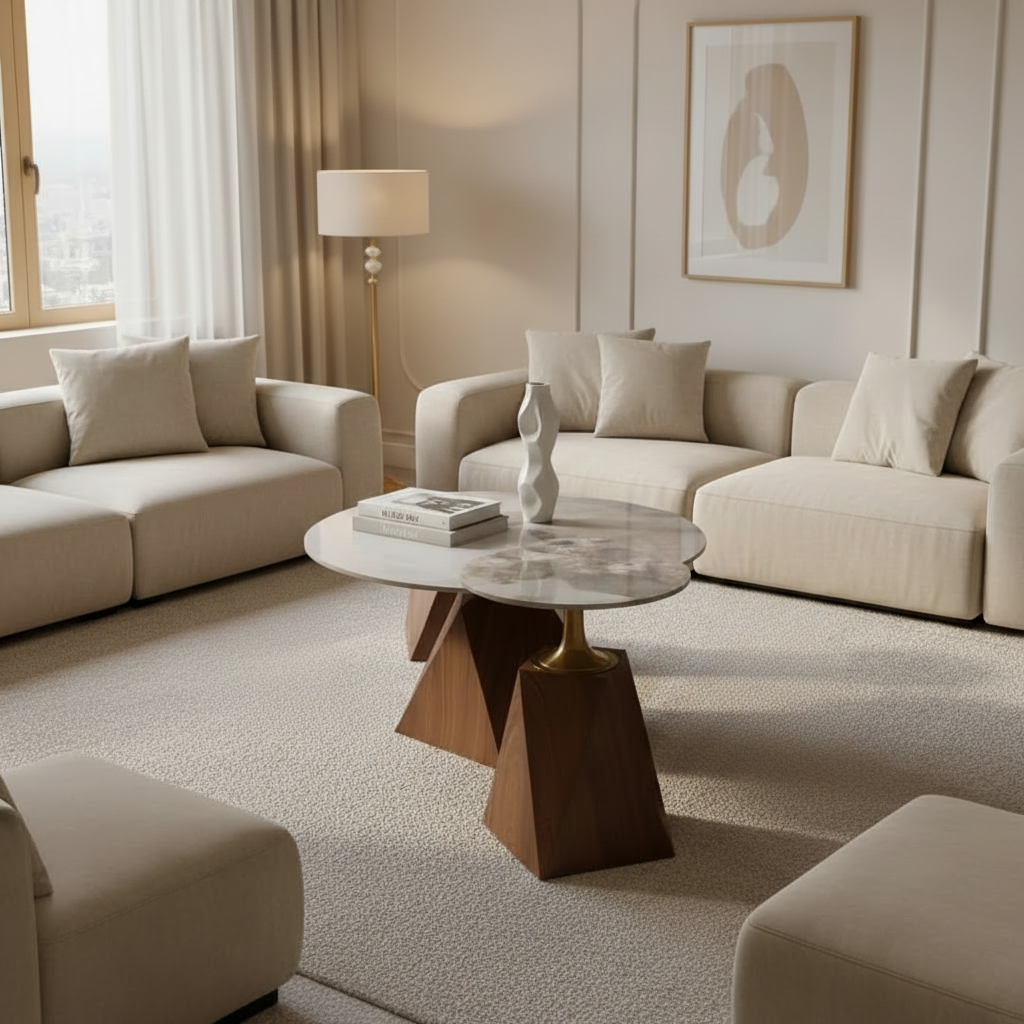 2 in 1 Marble Top Nesting Coffee Table Set with Brown Finish Base