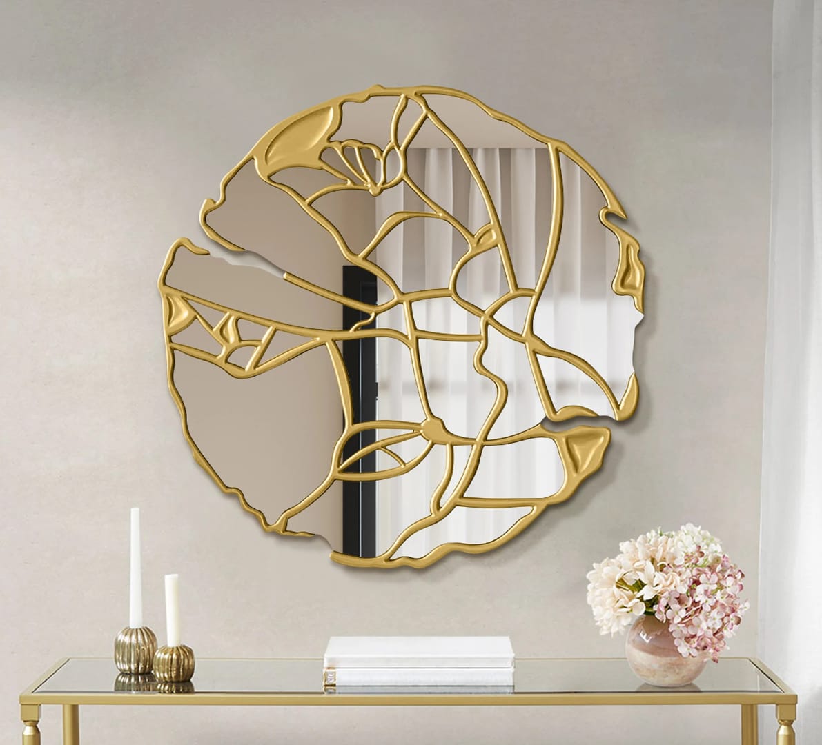 Dawood Lifestyle & Gadgets kes gold abstract wall mirror with organic sculptural frame and artistic cut-out design, ideal for luxury living room and console table décor.