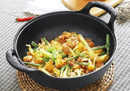 Cast Iron Flat Bottom Wok with Wooden Lid – 30cm