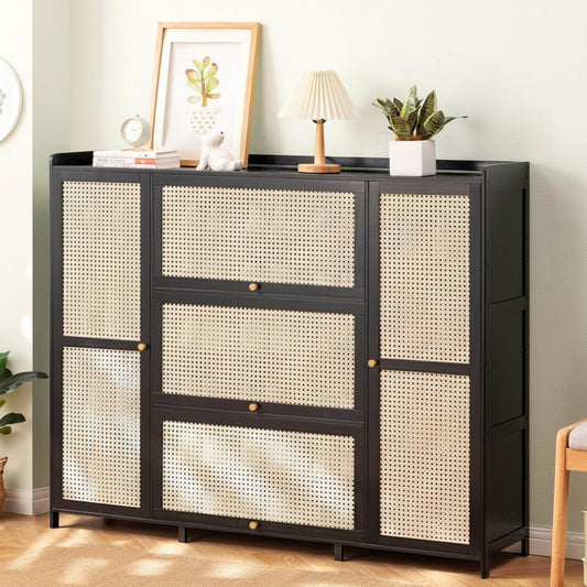 Modern wooden shoe cabinet with large-capacity storage for organizing footwear in entryways, homes, and offices.