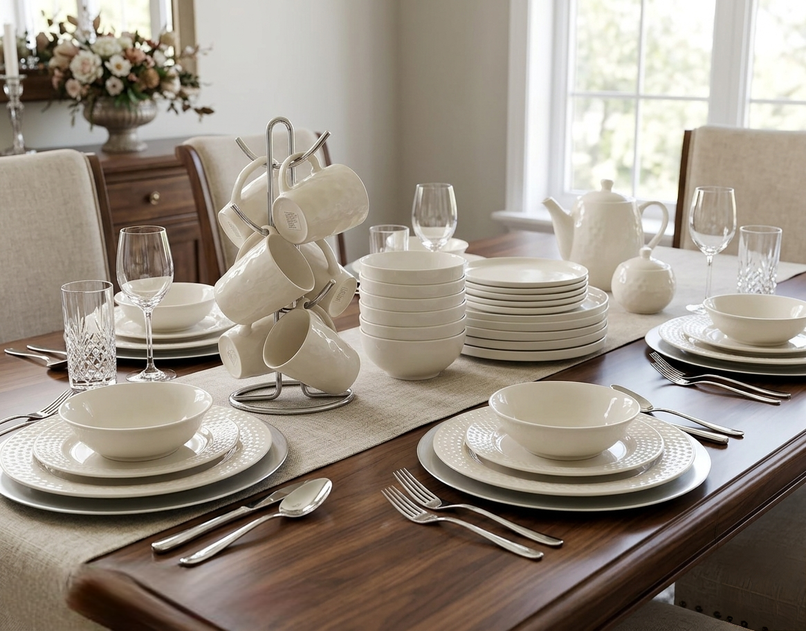 24 Piece white ceramic dinner set with plates, bowls, and cups for elegant dining