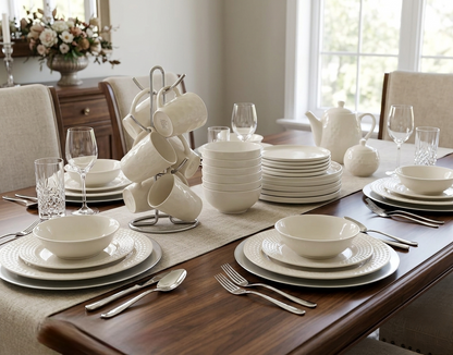 24 Piece white ceramic dinner set with plates, bowls, and cups for elegant dining