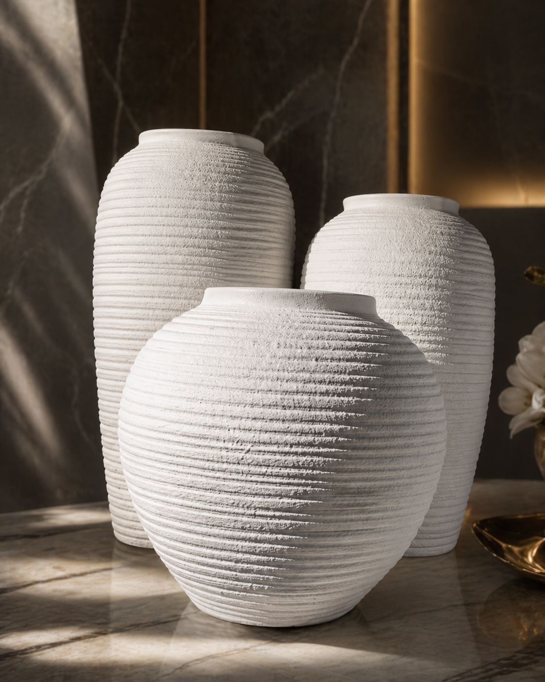 White spiral textured 3 piece vase set with matte finish for modern neutral home décor